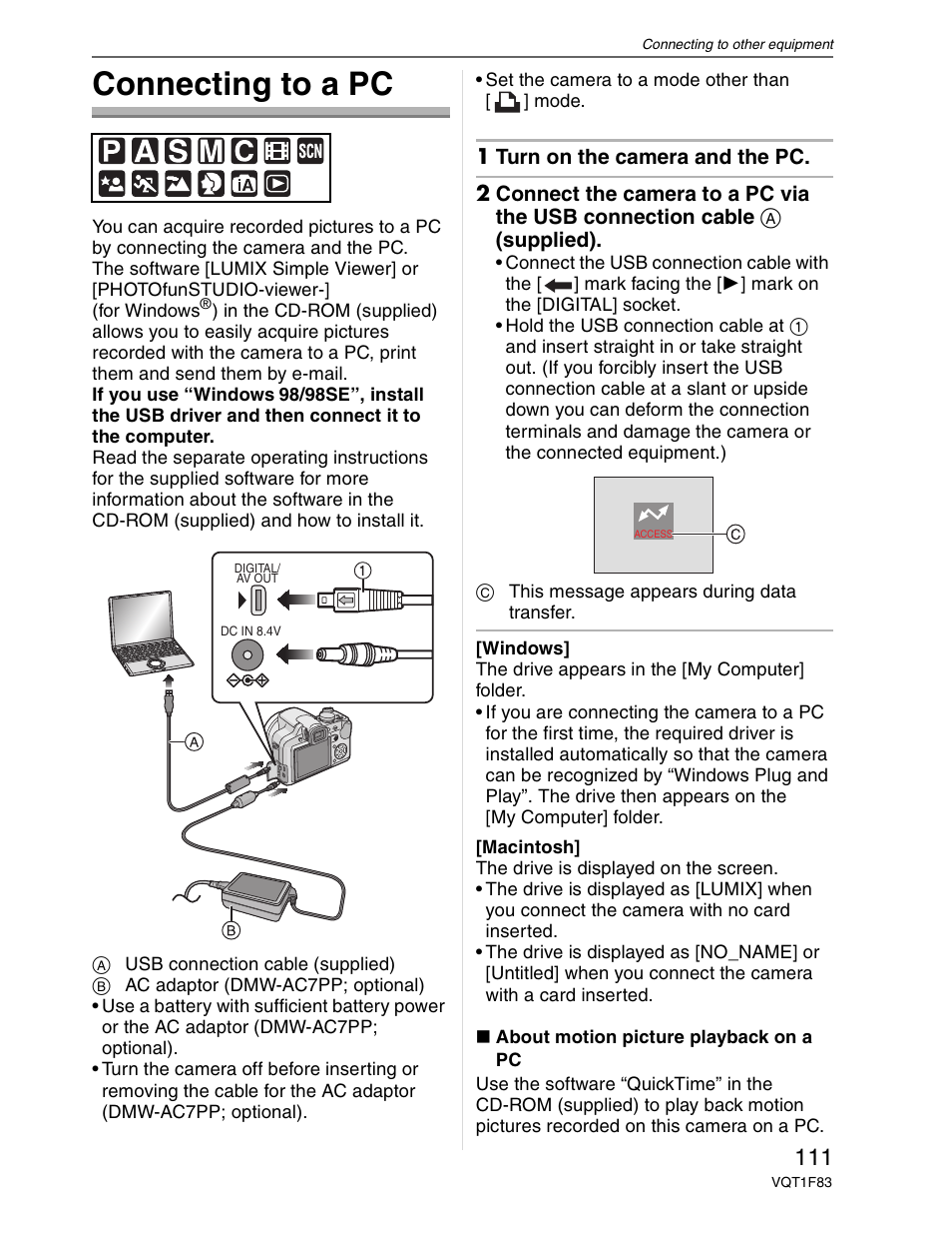 Pc / printer connection, Connecting to a pc | Panasonic DMC-FZ18 User Manual | Page 111 / 171