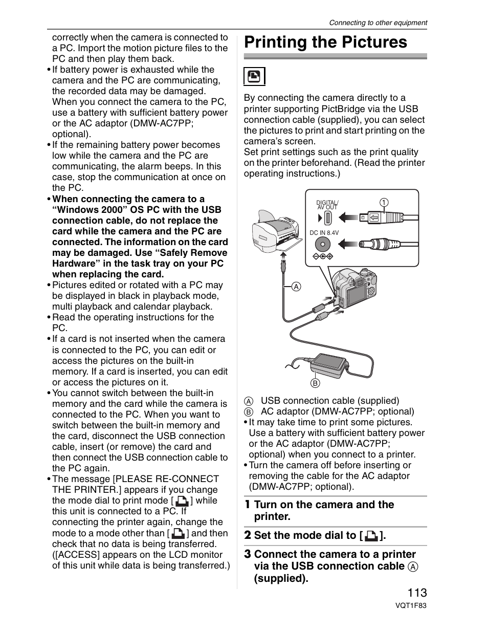 Connecting to a pictbridge printer, Printing the pictures | Panasonic DMC-FZ18 User Manual | Page 113 / 171