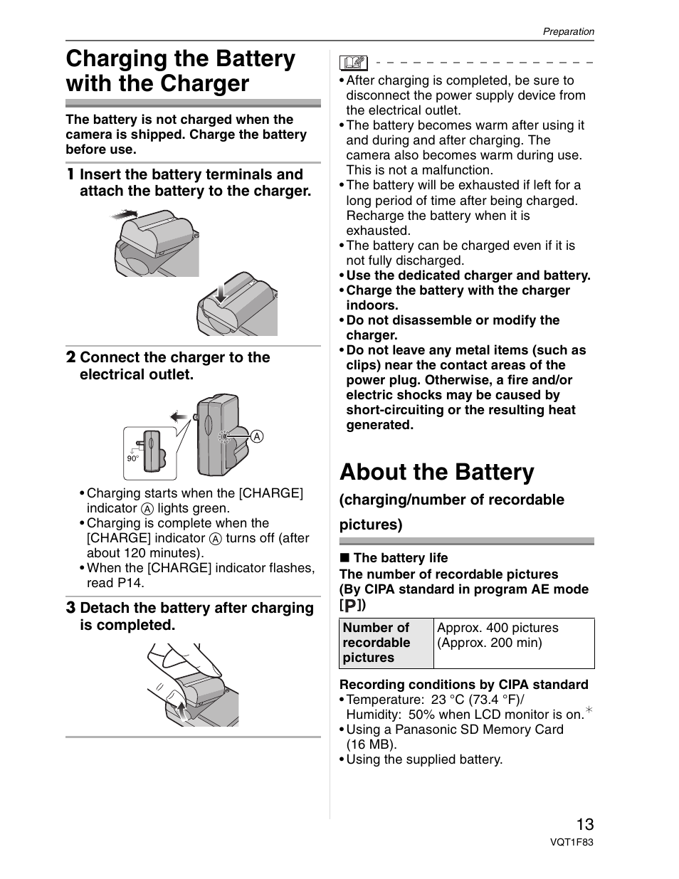 Battery charger, Charging the battery, Charging the battery with the charger | About the battery | Panasonic DMC-FZ18 User Manual | Page 13 / 171