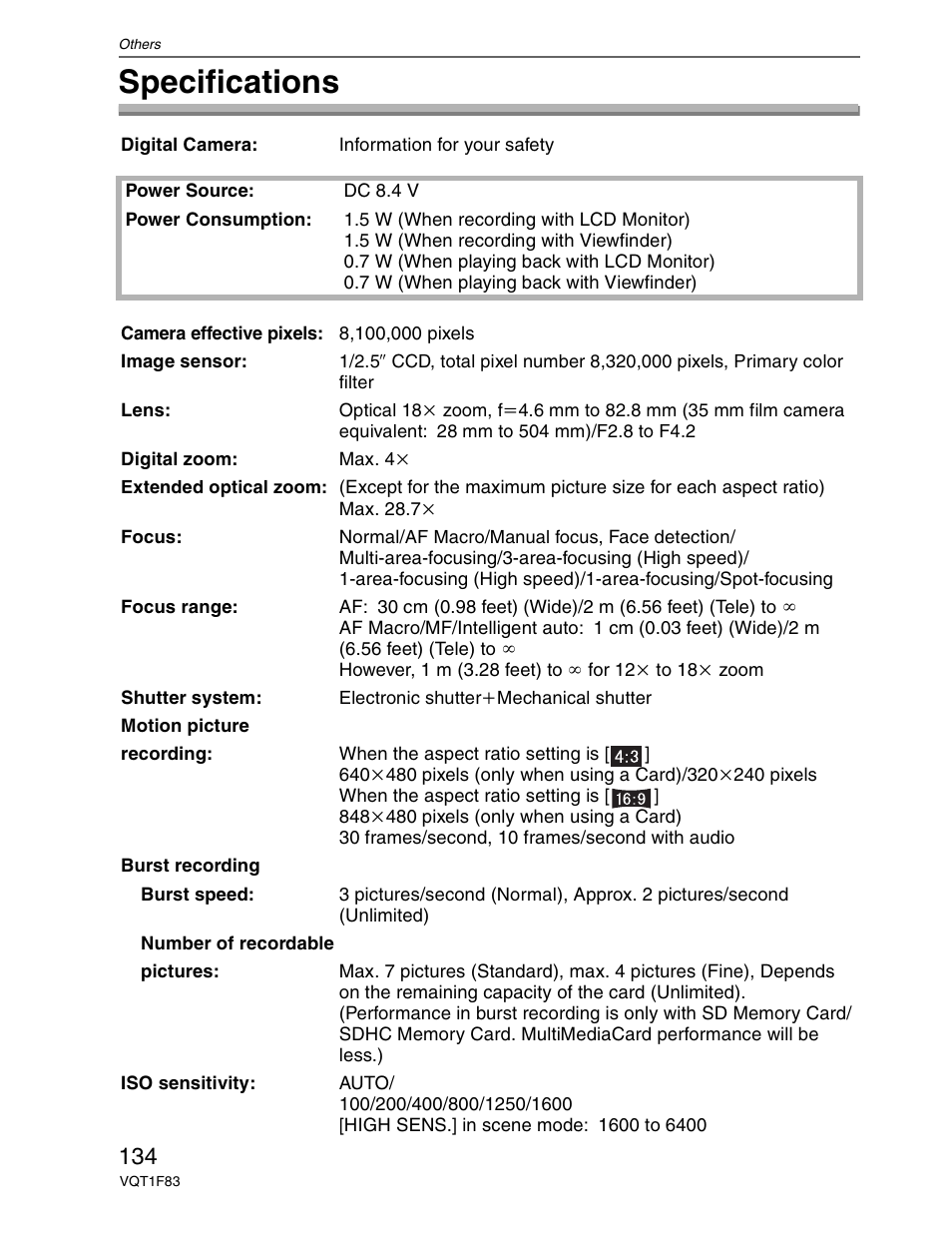 Specs, Specifications | Panasonic DMC-FZ18 User Manual | Page 134 / 171