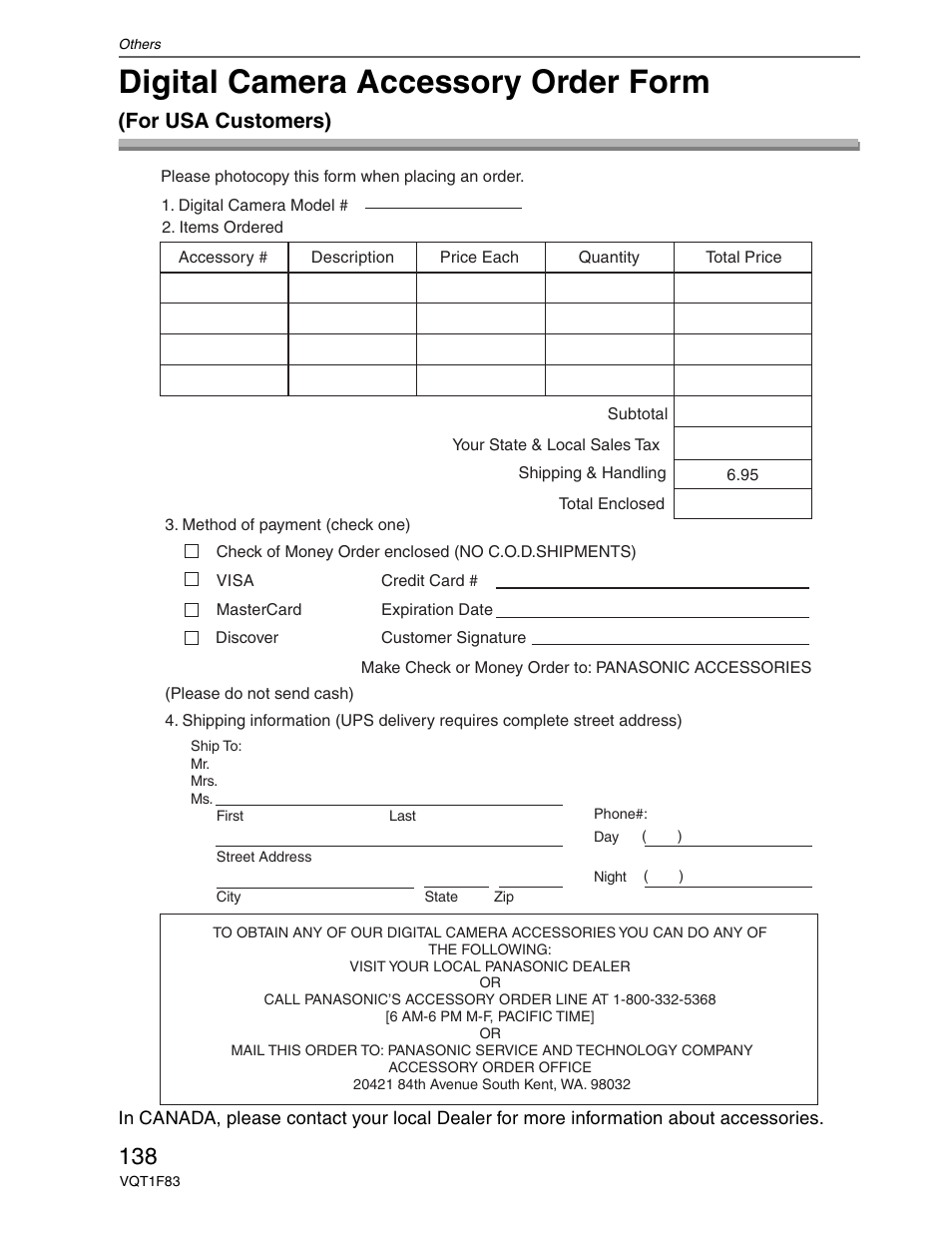 Digital camera accessory order form, For usa customers) | Panasonic DMC-FZ18 User Manual | Page 138 / 171