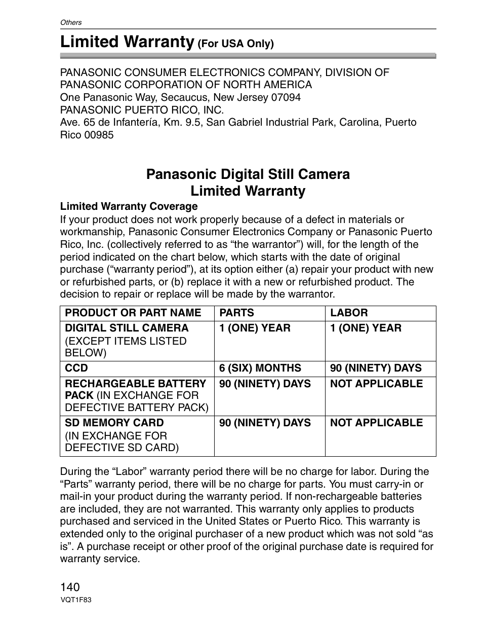 Warranty, Limited warranty, Panasonic digital still camera limited warranty | Panasonic DMC-FZ18 User Manual | Page 140 / 171