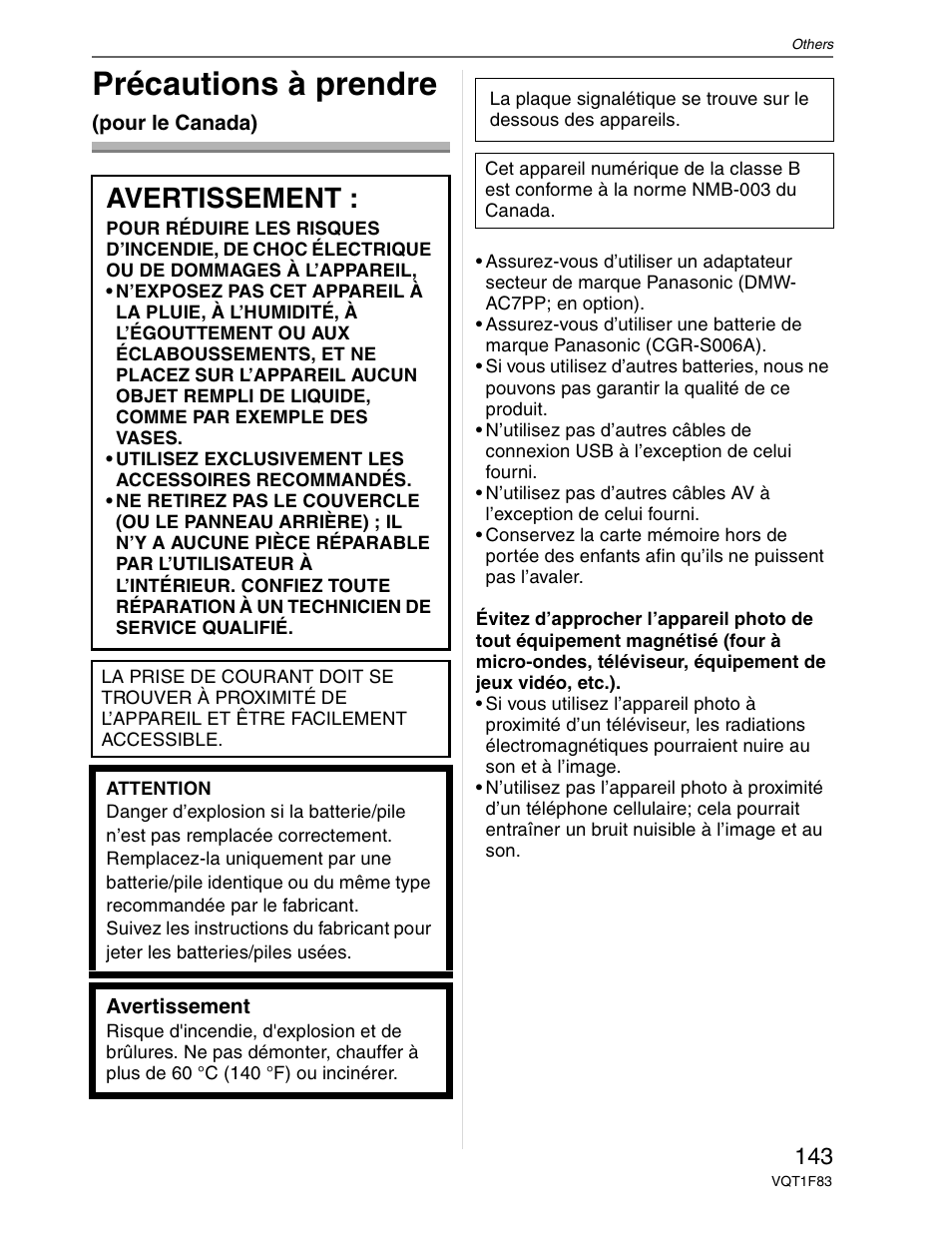 Précautions à prendre, Avertissement | Panasonic DMC-FZ18 User Manual | Page 143 / 171