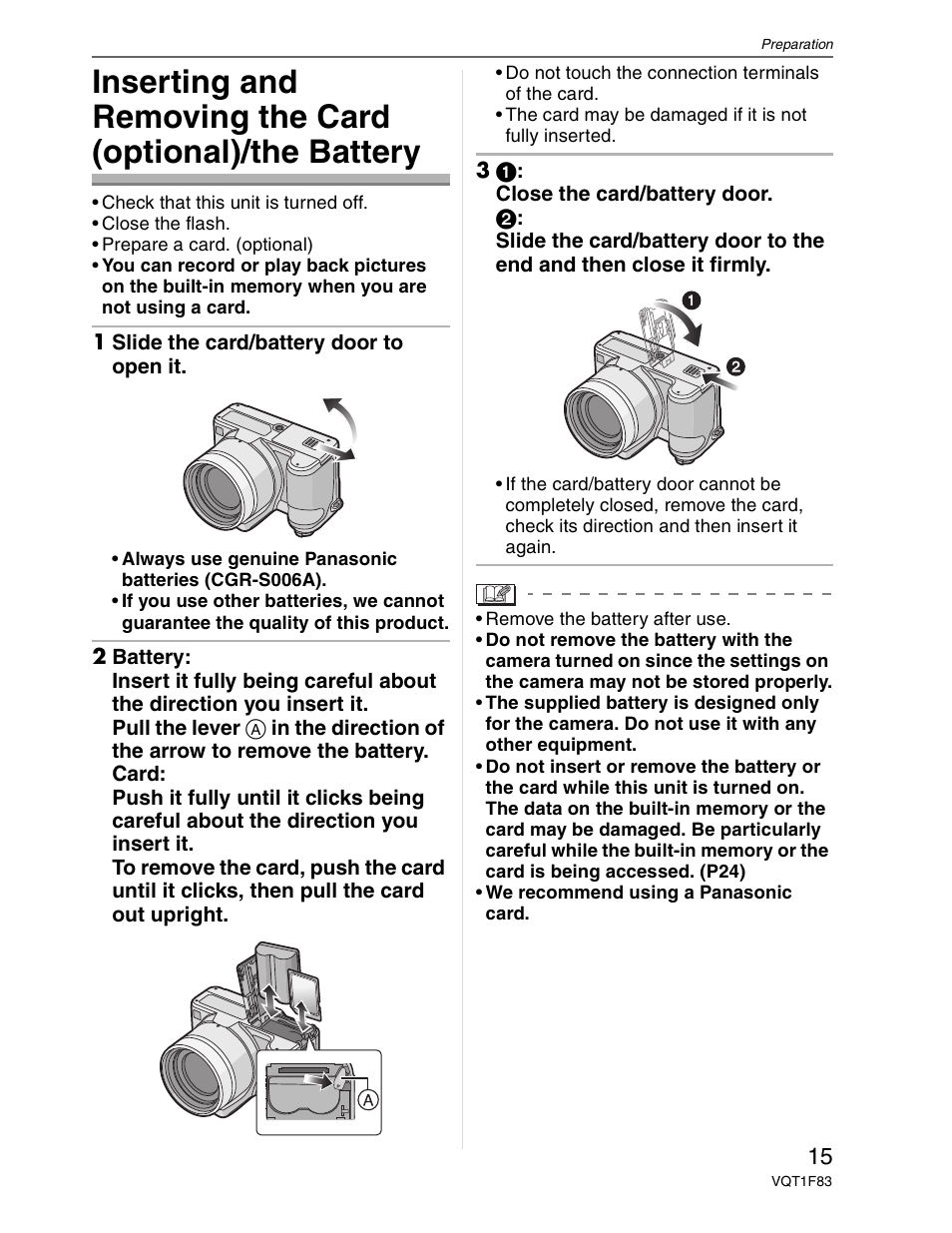 Inserting / removing battery & card | Panasonic DMC-FZ18 User Manual | Page 15 / 171