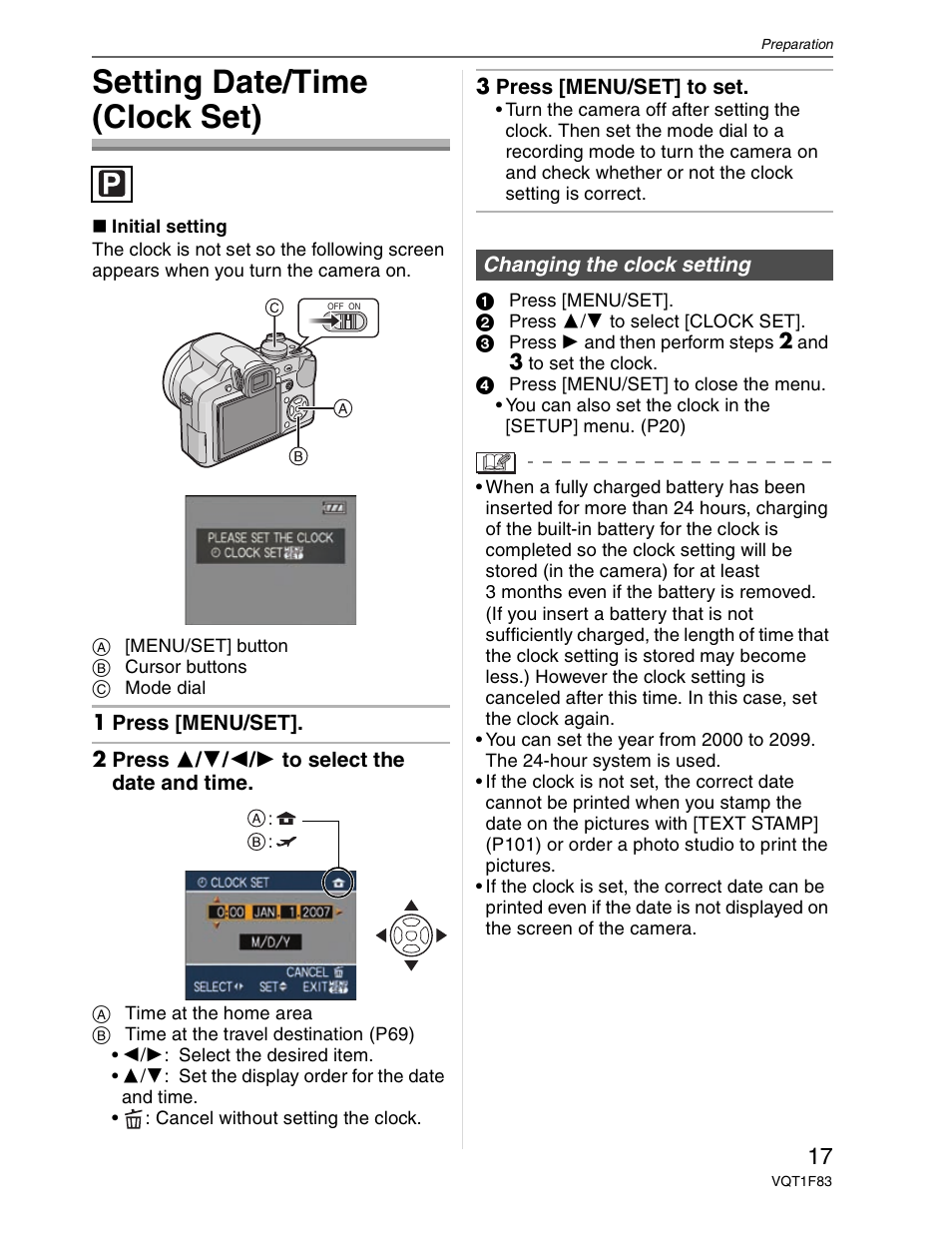 Date / time set, Setting date/time (clock set) | Panasonic DMC-FZ18 User Manual | Page 17 / 171