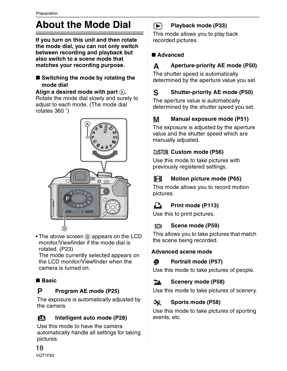 Mode dial, About the mode dial | Panasonic DMC-FZ18 User Manual | Page 18 / 171