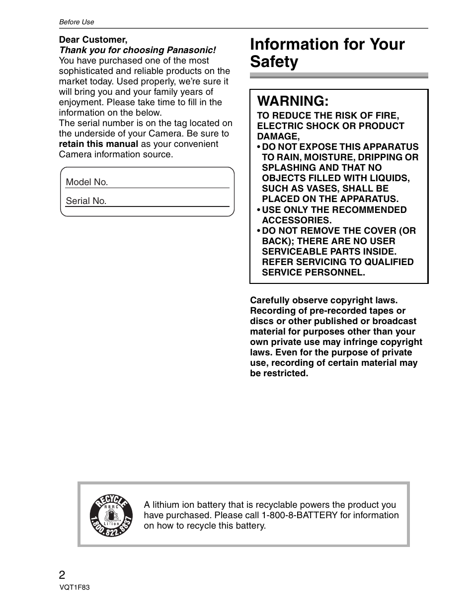 Information for your safety, Warning | Panasonic DMC-FZ18 User Manual | Page 2 / 171
