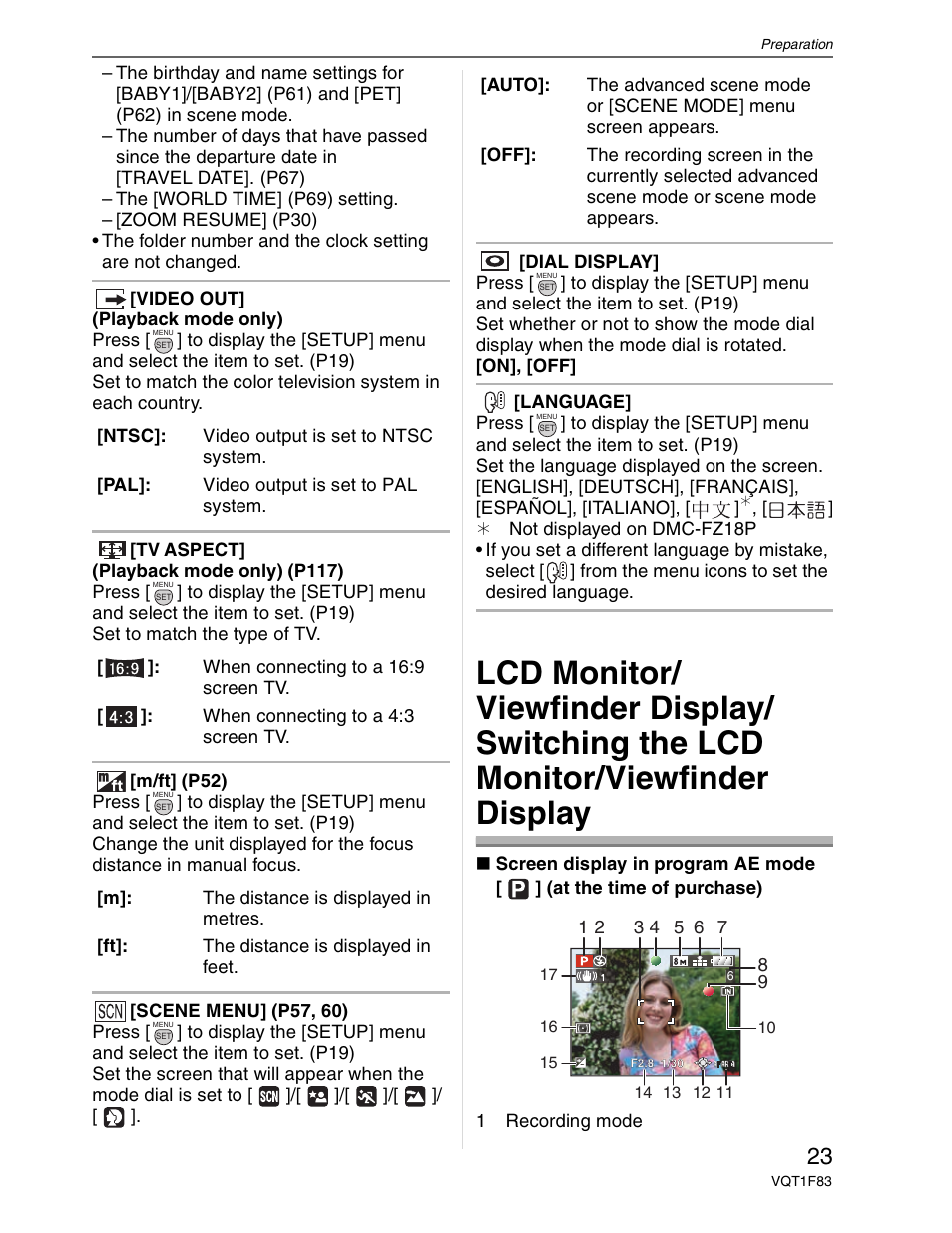 Lcd monitor / viewfinder display, Lcd monitor / viewfinder | Panasonic DMC-FZ18 User Manual | Page 23 / 171