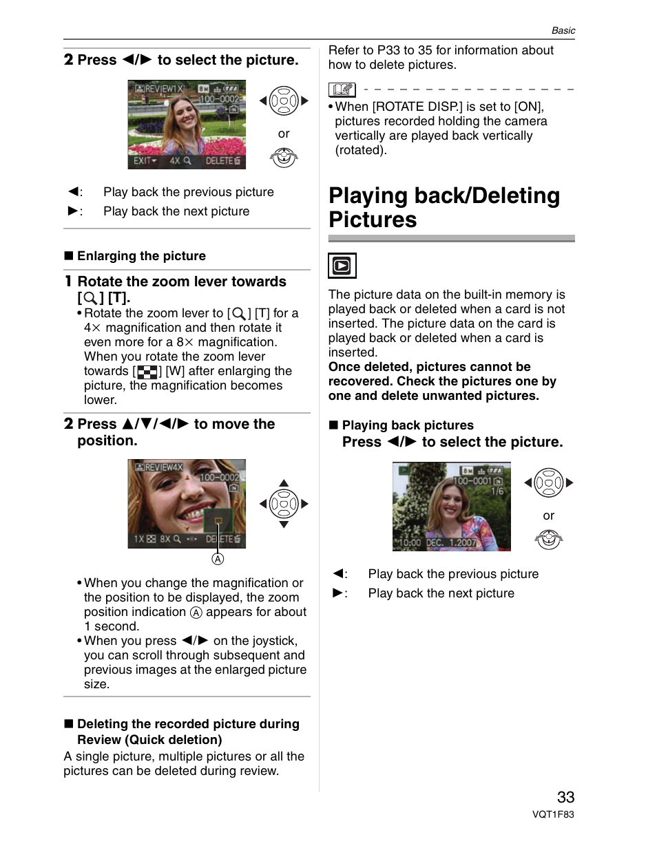 Playing back / deleting pictures, Playing back/deleting pictures | Panasonic DMC-FZ18 User Manual | Page 33 / 171