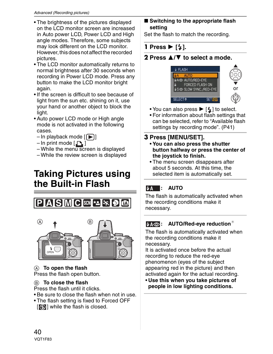 Built-in flash, Taking pictures using the built-in flash | Panasonic DMC-FZ18 User Manual | Page 40 / 171