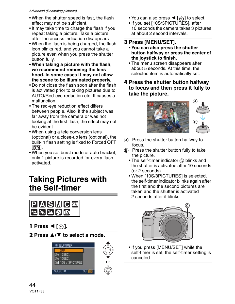 Self-timer, Taking pictures with the self-timer | Panasonic DMC-FZ18 User Manual | Page 44 / 171
