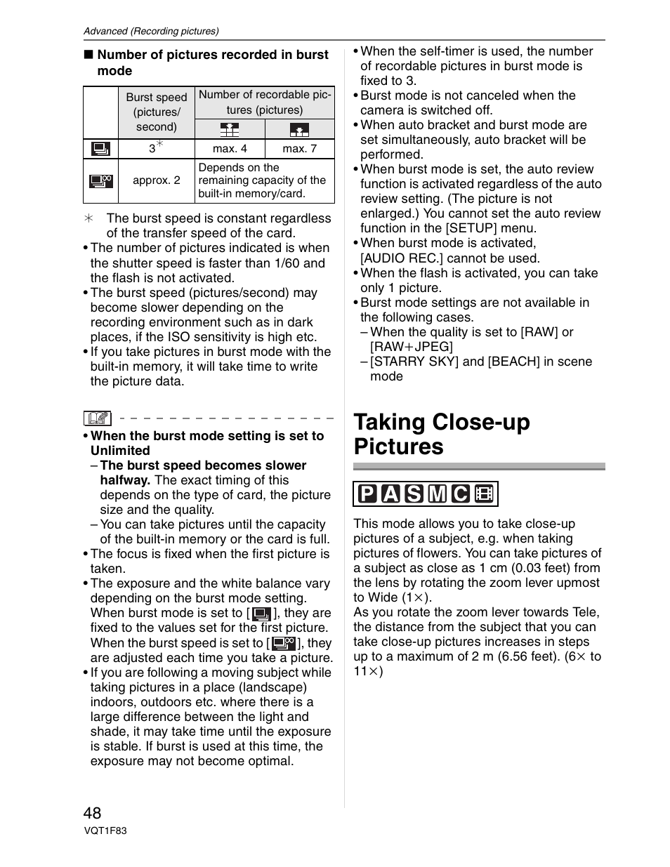 Close-up pictures, Taking close-up pictures | Panasonic DMC-FZ18 User Manual | Page 48 / 171