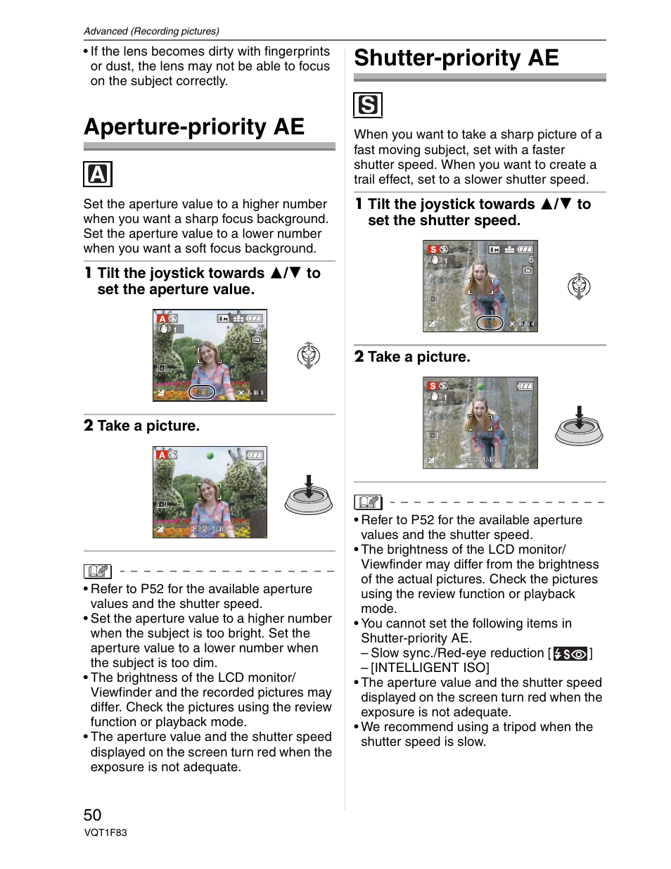Aperture-priority ae, Shutter-priority ae | Panasonic DMC-FZ18 User Manual | Page 50 / 171