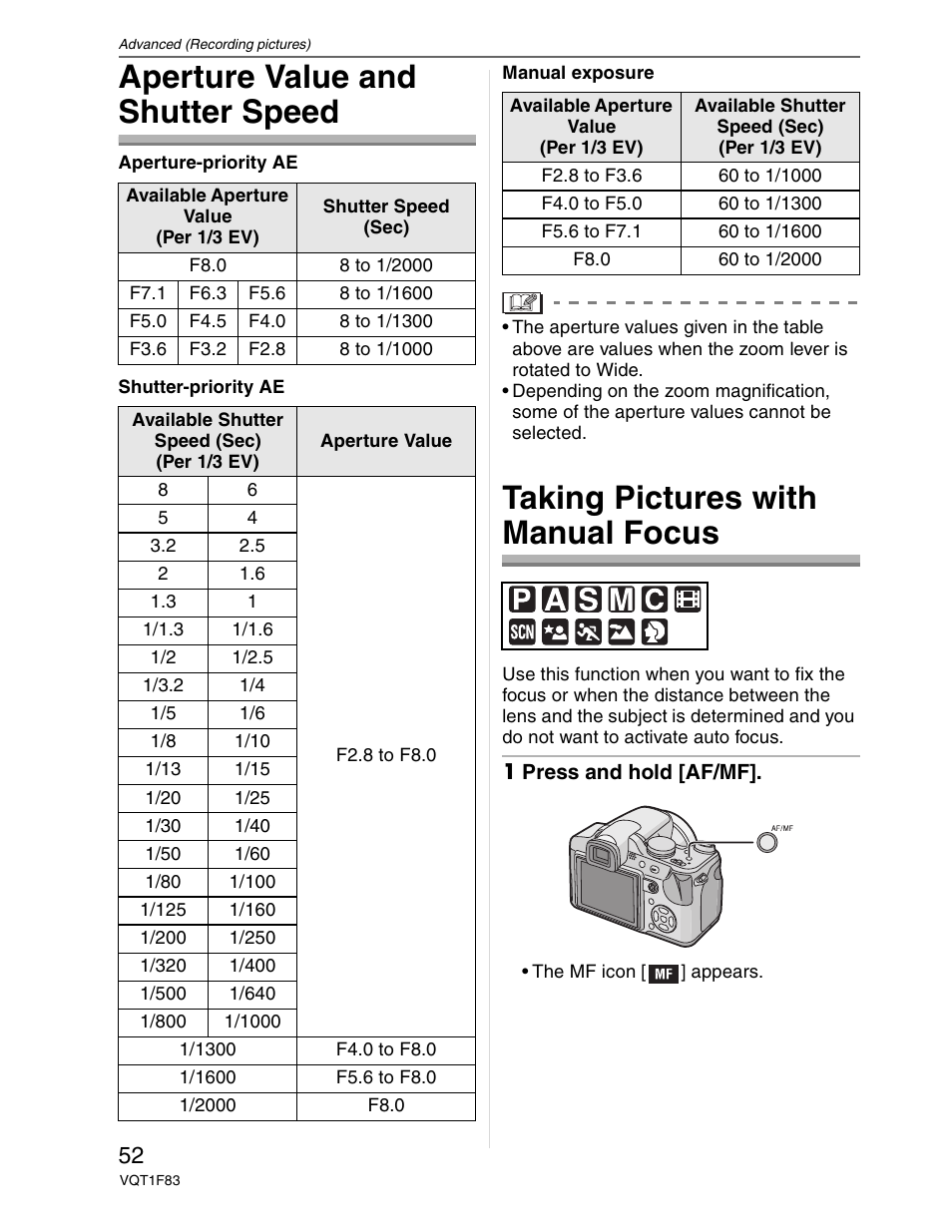 Aperture value and shutter speed, Manual focus, Taking pictures with manual focus | Panasonic DMC-FZ18 User Manual | Page 52 / 171