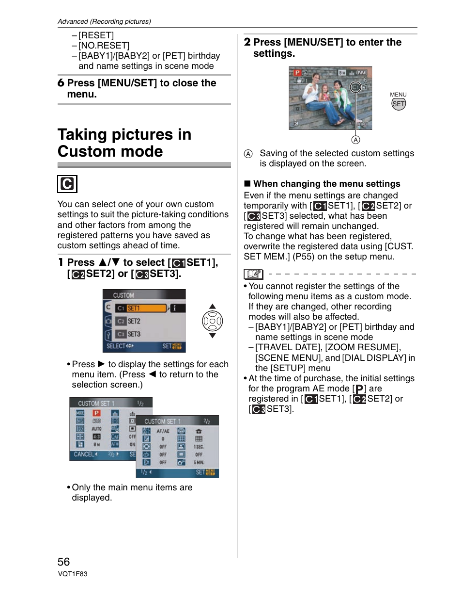 Custom mode, Taking pictures in custom mode | Panasonic DMC-FZ18 User Manual | Page 56 / 171