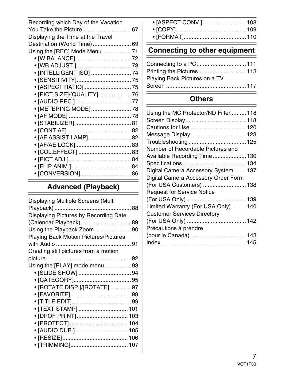 Advanced (playback), Connecting to other equipment, Others | Panasonic DMC-FZ18 User Manual | Page 7 / 171