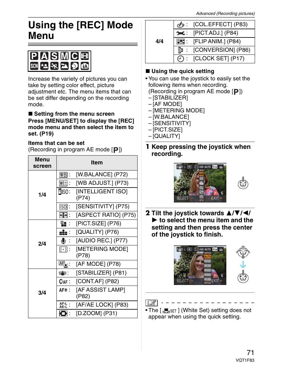 Using the record mode menu, Navigating the menus, Using the [rec] mode menu | Panasonic DMC-FZ18 User Manual | Page 71 / 171