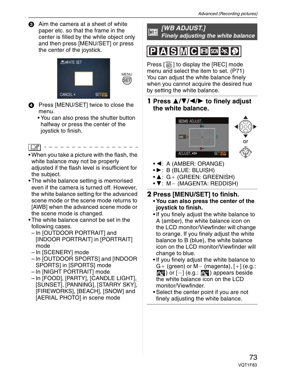 White balance adjust | Panasonic DMC-FZ18 User Manual | Page 73 / 171
