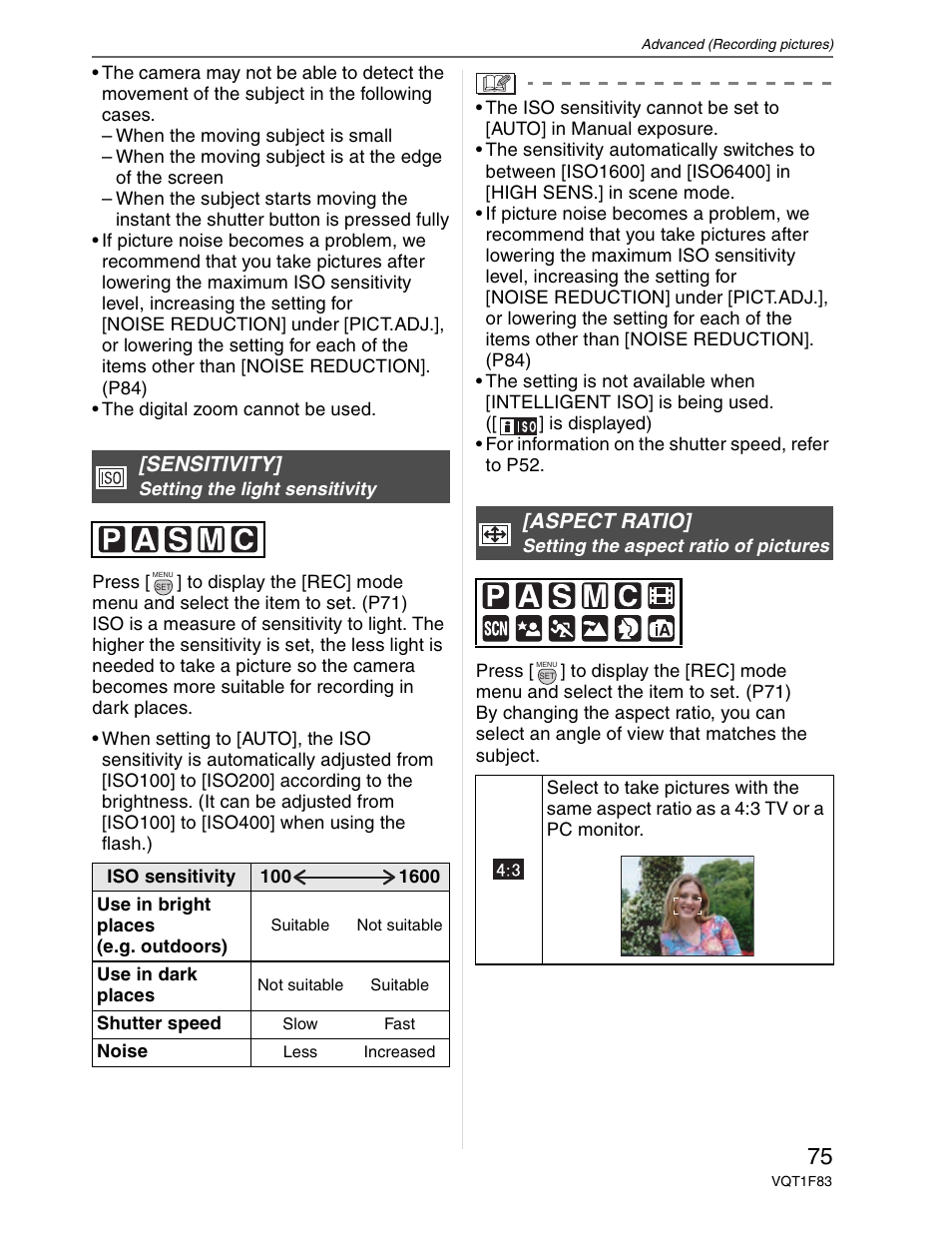 Sensitivity, Aspect ratio | Panasonic DMC-FZ18 User Manual | Page 75 / 171