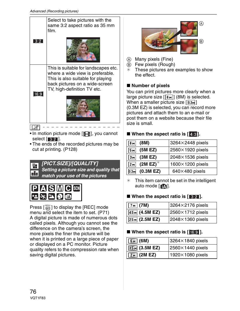 Picture size / quality | Panasonic DMC-FZ18 User Manual | Page 76 / 171