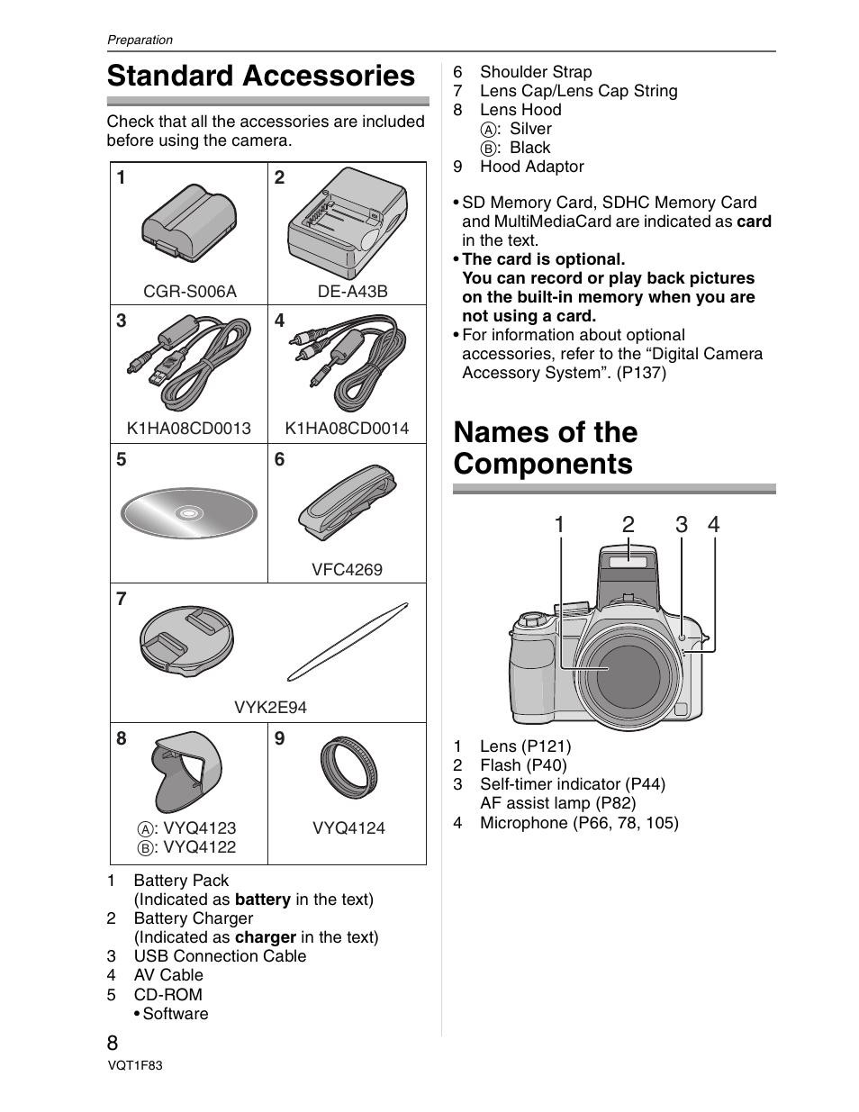 Supplied accessories, Parts & controls, Front of camera | Preparing for use, Standard accessories, Names of the components | Panasonic DMC-FZ18 User Manual | Page 8 / 171