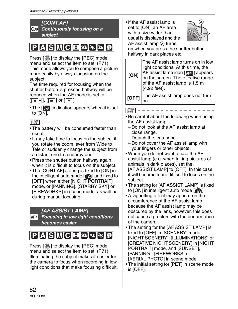 Continuous focus, Af assist lamp, Cont.af | Panasonic DMC-FZ18 User Manual | Page 82 / 171