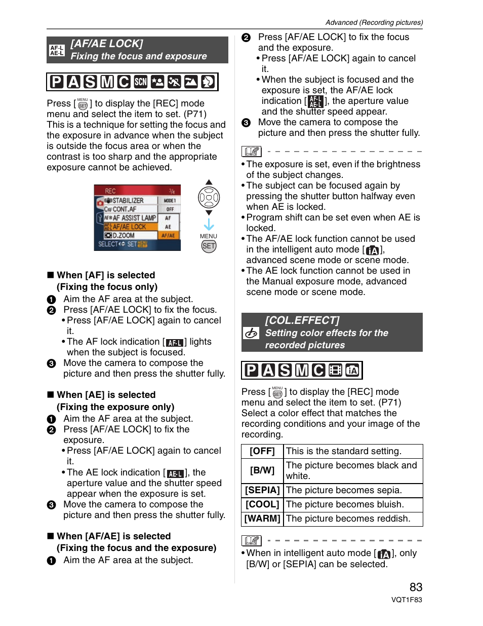 Af / ae lock, Color effect, Af/ae lock | Col.effect | Panasonic DMC-FZ18 User Manual | Page 83 / 171