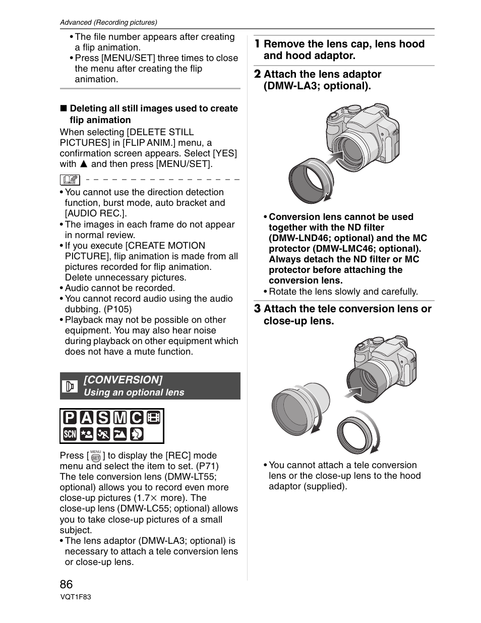 Conversion lens | Panasonic DMC-FZ18 User Manual | Page 86 / 171