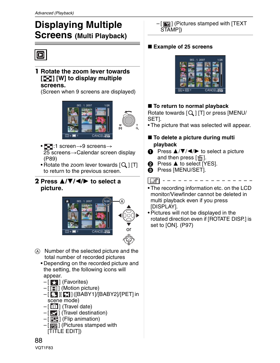 Advanced playback, Displaying multiple screens, Multi playback) | Panasonic DMC-FZ18 User Manual | Page 88 / 171