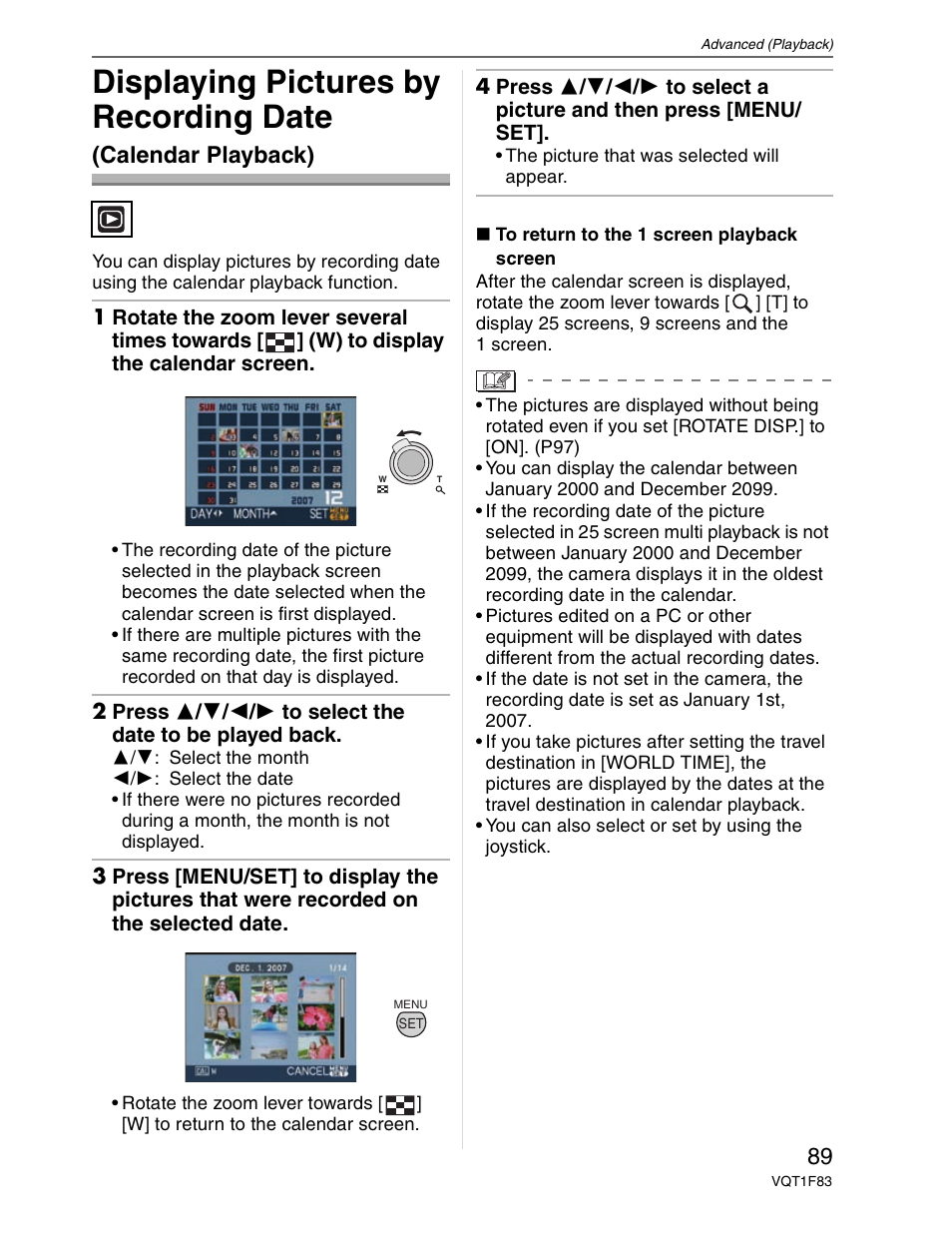 Displaying pictures by recording date, Calendar playback) | Panasonic DMC-FZ18 User Manual | Page 89 / 171