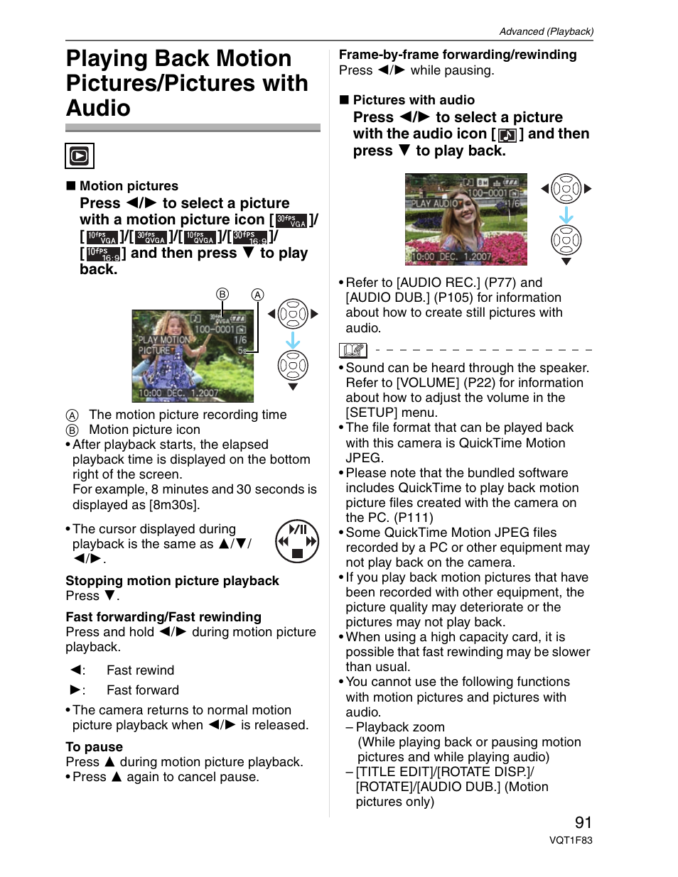 Playing back motion pictures / pictures with sound, Playing back motion pictures/pictures with audio | Panasonic DMC-FZ18 User Manual | Page 91 / 171
