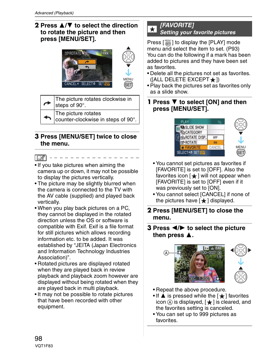 Favorite - setting favorite pictures | Panasonic DMC-FZ18 User Manual | Page 98 / 171