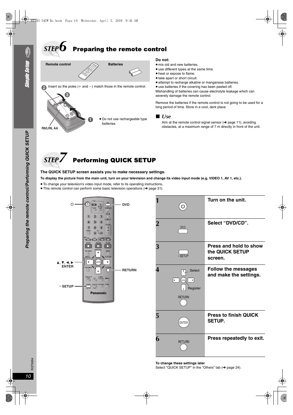 Step, Preparing the remote control, Performing quick setup | Panasonic SC-HT545 User Manual | Page 10 / 40