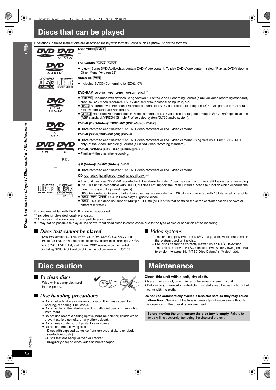 Discs that can be played, Disc caution maintenance, Discs that cannot be played | Video systems, Disc handling precautions | Panasonic SC-HT545 User Manual | Page 12 / 40