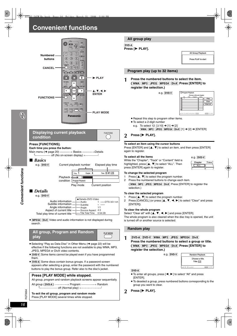 Convenient functions, Basics, Details | Panasonic SC-HT545 User Manual | Page 16 / 40