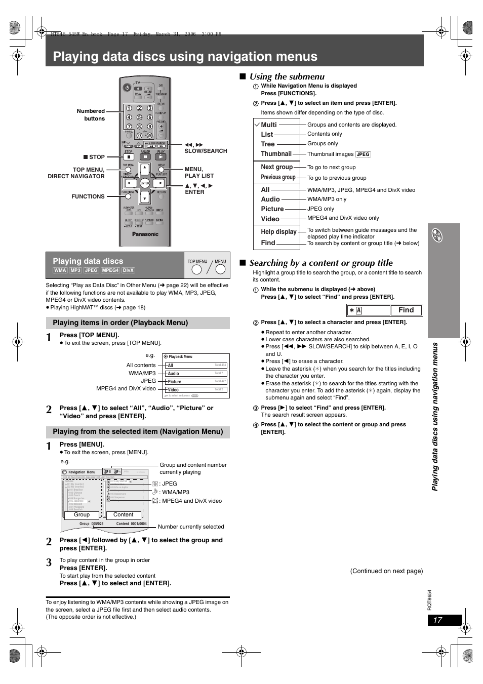 Playing data discs using navigation menus, Using the submenu, Searching by a content or group title | Playing data discs | Panasonic SC-HT545 User Manual | Page 17 / 40