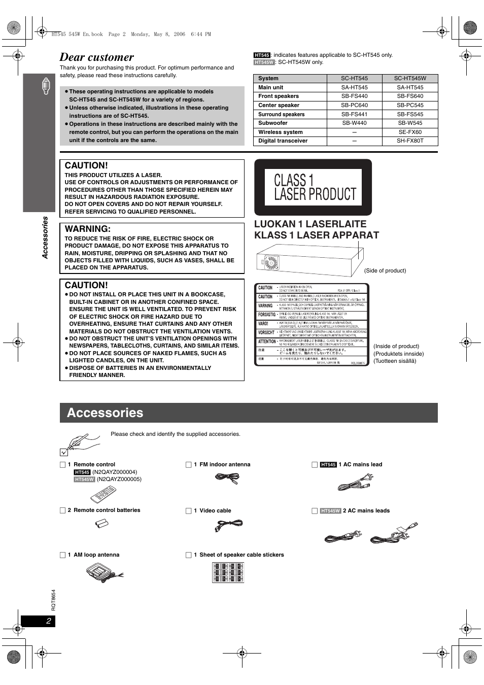 Accessories, Dear customer, Luokan 1 laserlaite klass 1 laser apparat | Caution, Warning, Acc essories | Panasonic SC-HT545 User Manual | Page 2 / 40