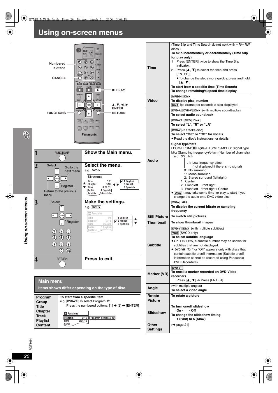 Using on-screen menus, Show the main menu, Select the menu | Make the settings, Press to exit. main menu | Panasonic SC-HT545 User Manual | Page 20 / 40