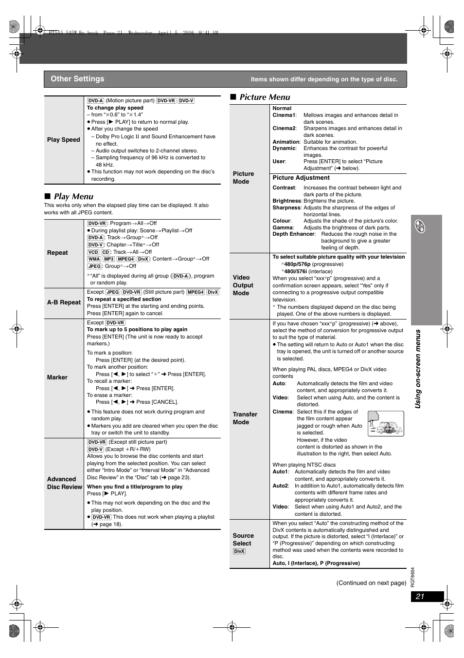 Play menu, Picture menu, Other settings | Panasonic SC-HT545 User Manual | Page 21 / 40