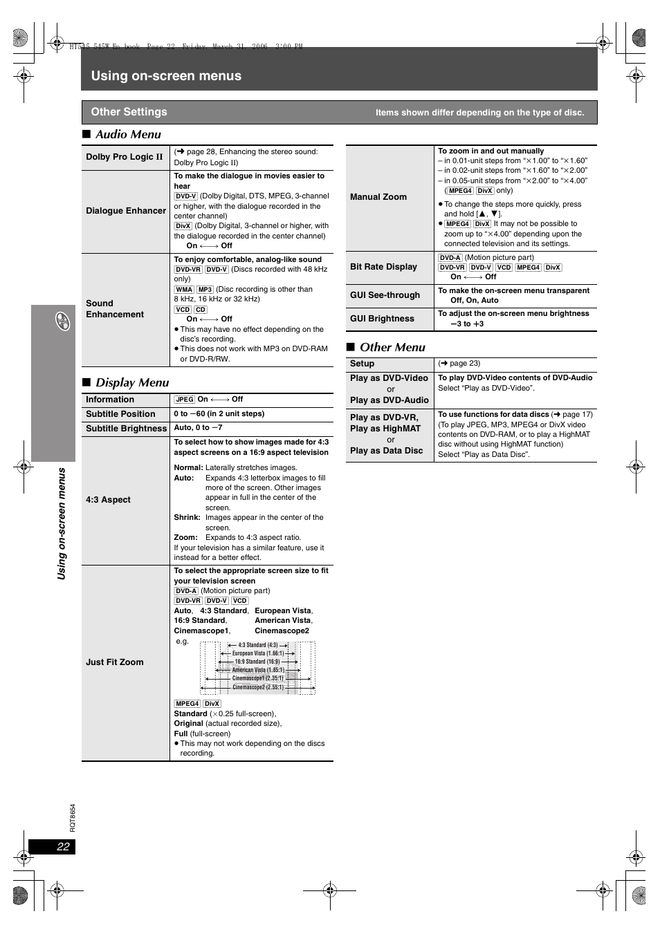 Using on-screen menus, Audio menu ∫ display menu ∫ other menu | Panasonic SC-HT545 User Manual | Page 22 / 40