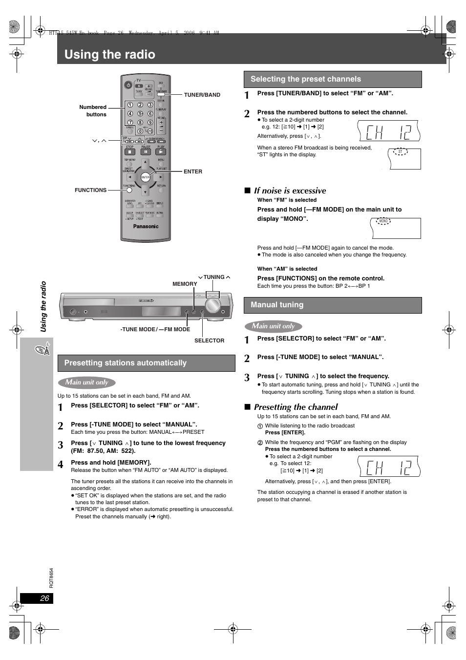 Using the radio, If noise is excessive, Presetting the channel | Panasonic SC-HT545 User Manual | Page 26 / 40