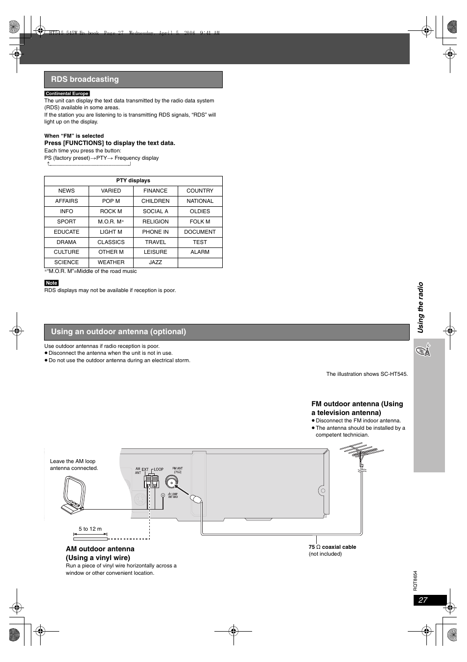 Rds broadcasting, Using an outdoor antenna (optional) | Panasonic SC-HT545 User Manual | Page 27 / 40