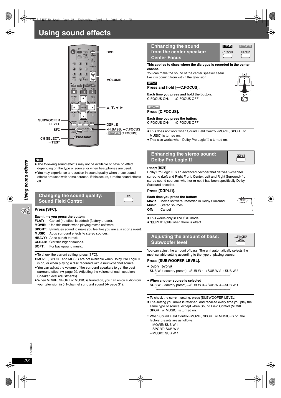 Using sound effects, Changing the sound quality: sound field control | Panasonic SC-HT545 User Manual | Page 28 / 40