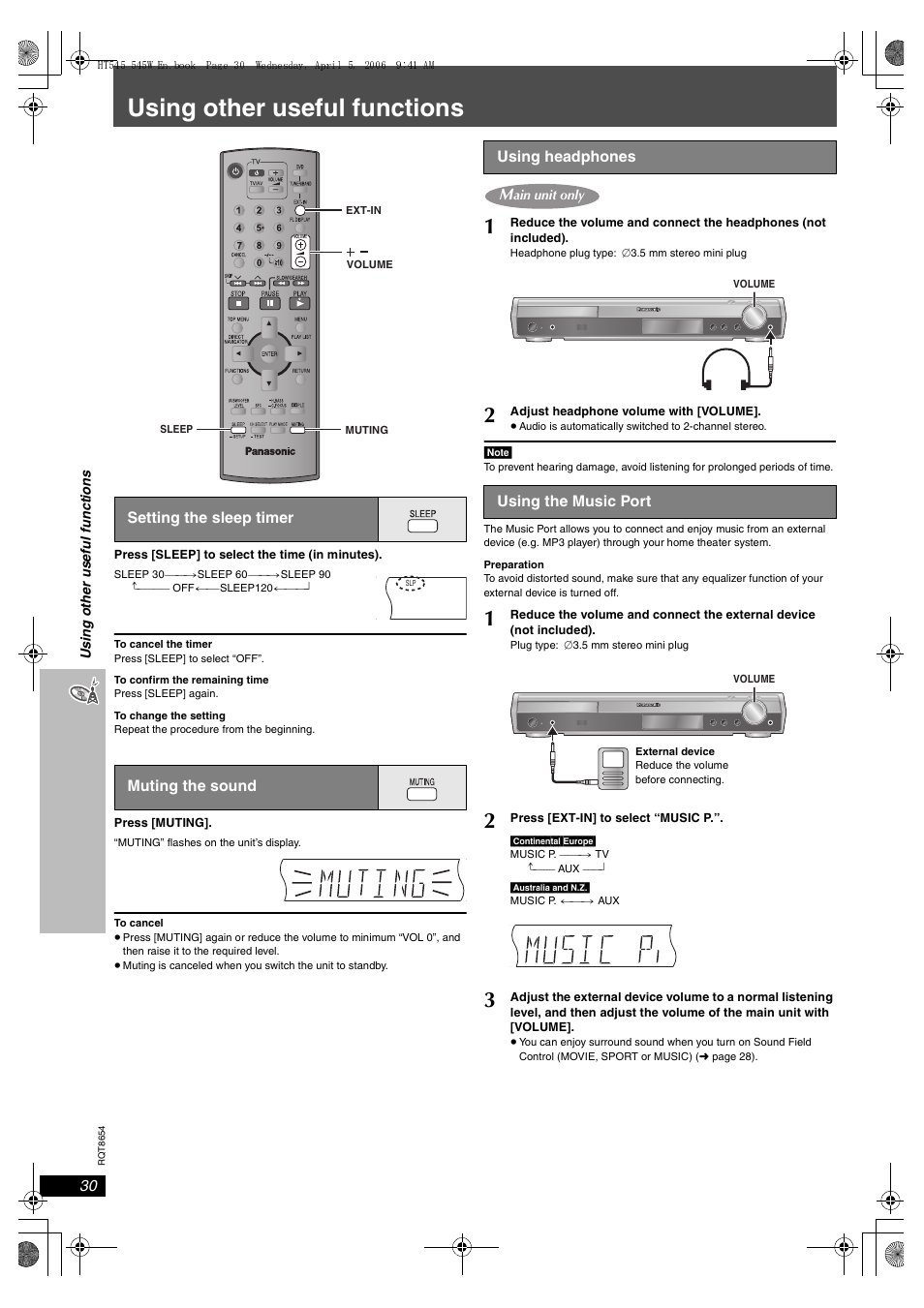 Using other useful functions, Setting the sleep timer muting the sound, Using headphones | Using the music port | Panasonic SC-HT545 User Manual | Page 30 / 40