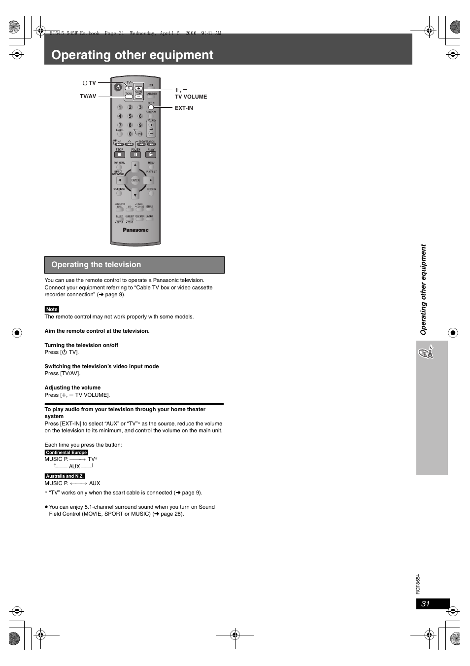 Operating other equipment, Operating the television | Panasonic SC-HT545 User Manual | Page 31 / 40