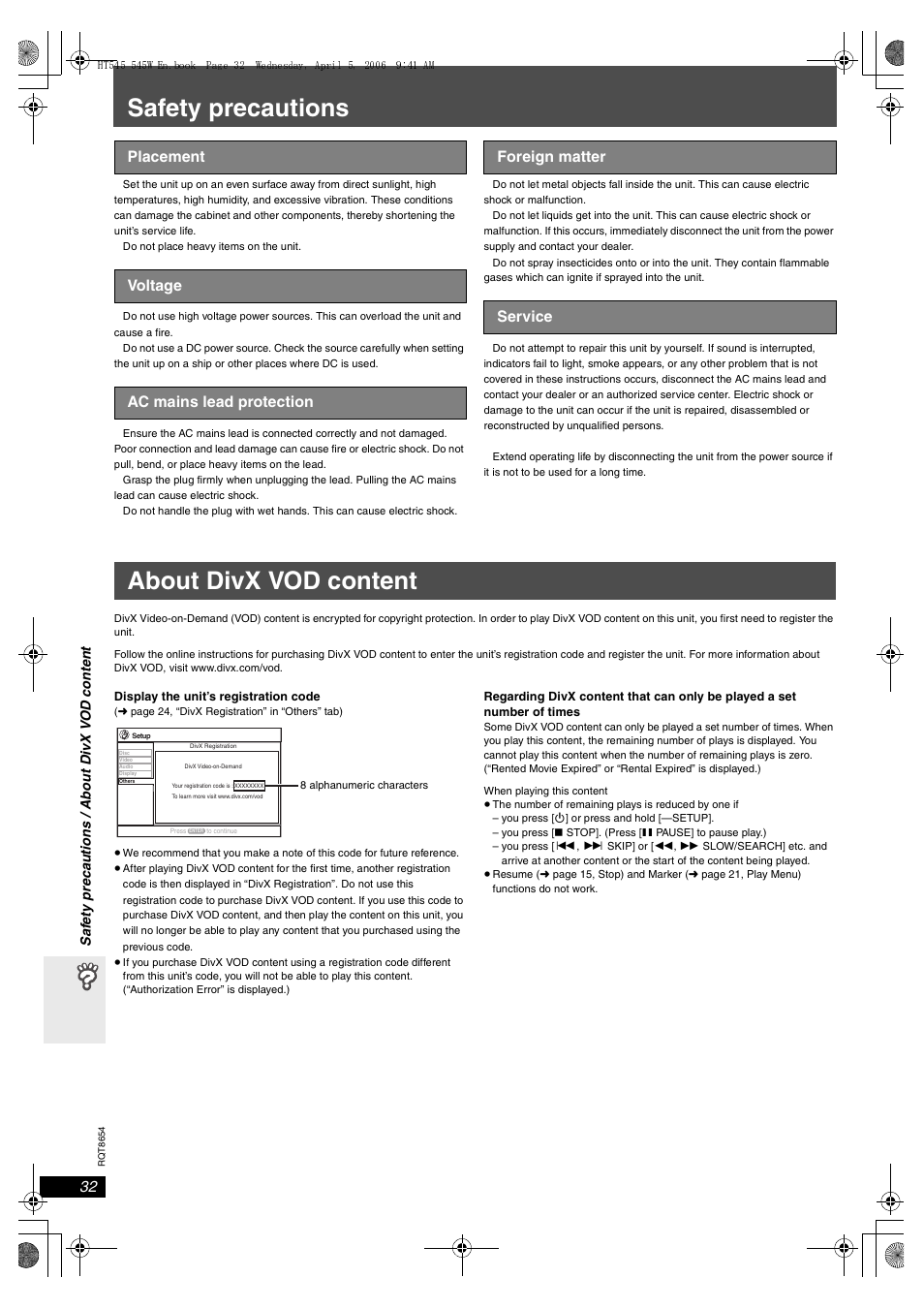 Safety precautions, About divx vod content | Panasonic SC-HT545 User Manual | Page 32 / 40