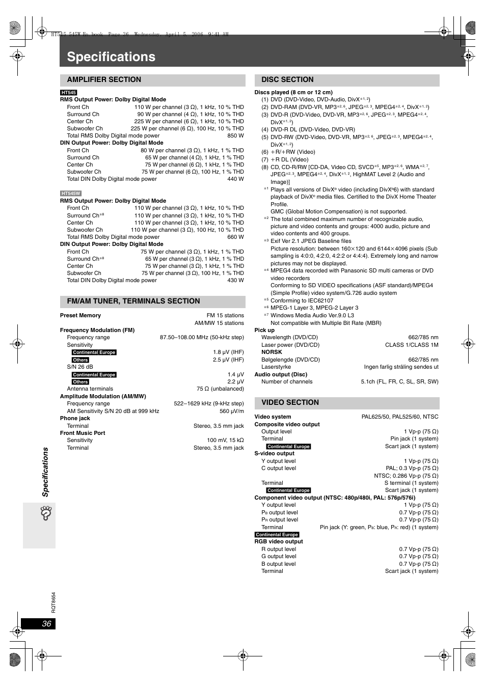 Specifications, Sp eci fica tions | Panasonic SC-HT545 User Manual | Page 36 / 40