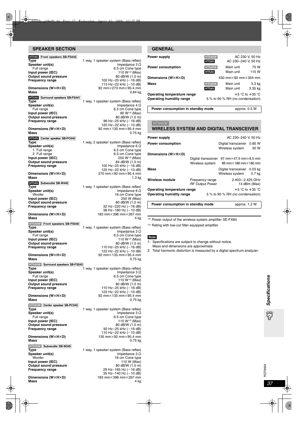 Panasonic SC-HT545 User Manual | Page 37 / 40
