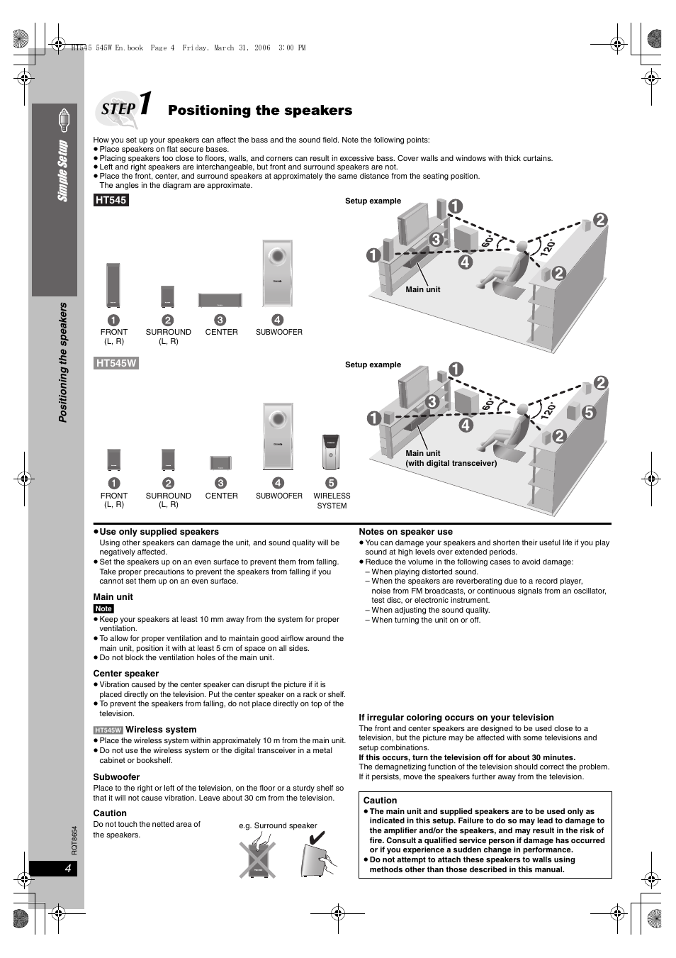 Step, Positioning the speakers, Simple se tu p 4 | Panasonic SC-HT545 User Manual | Page 4 / 40