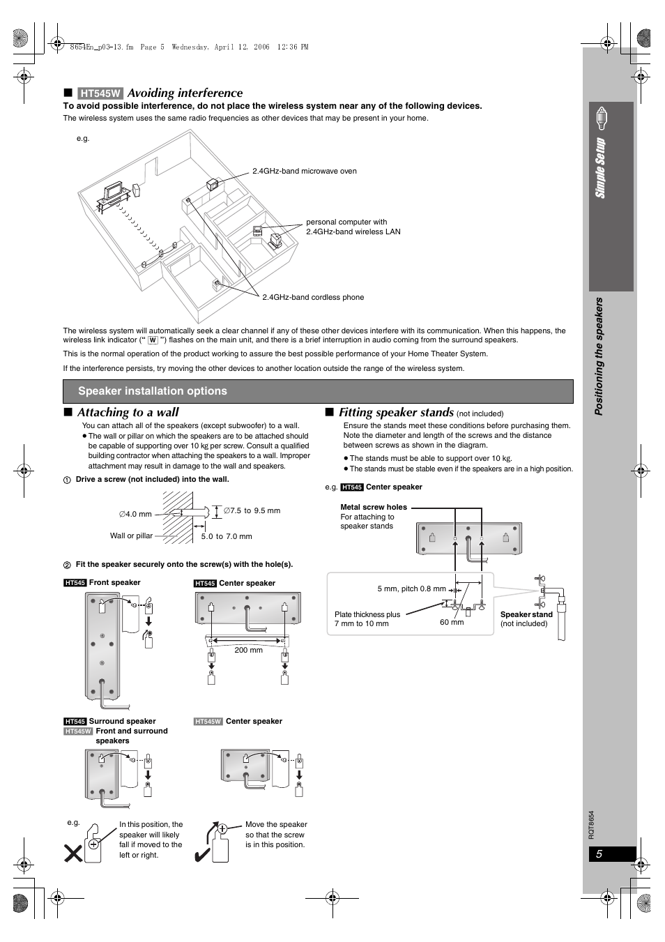Ht545w] avoiding interference, Attaching to a wall, Fitting speaker stands | 5simple se tu p | Panasonic SC-HT545 User Manual | Page 5 / 40